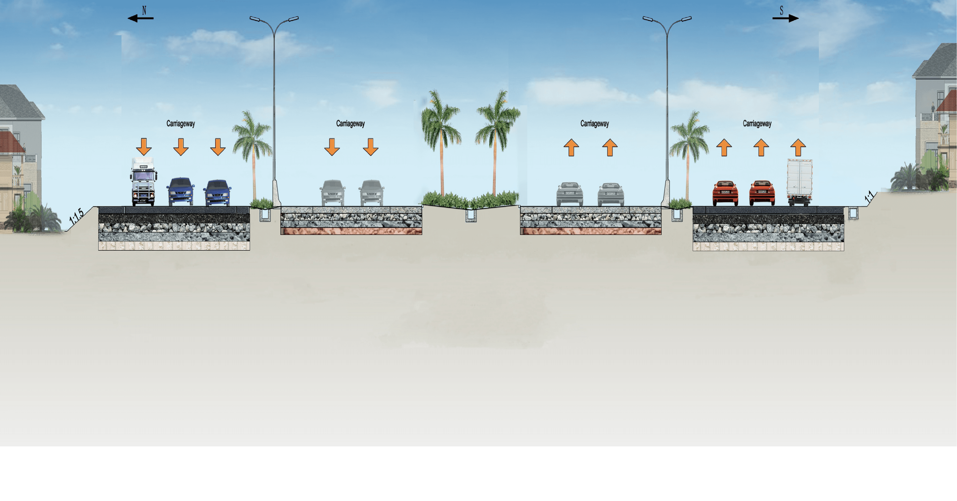 Typical road cross-section drawing showing the divided carriageways, central reservation and pavement layers